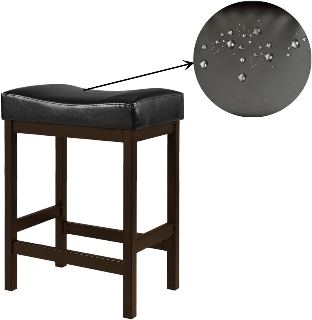 24" Black Bar Stools, Counter Height Stools Set of 2, Faux Leather Kitchen Bar Stools for Island, Backless Bar Stools for Kitchen Counter, Saddle Barstool