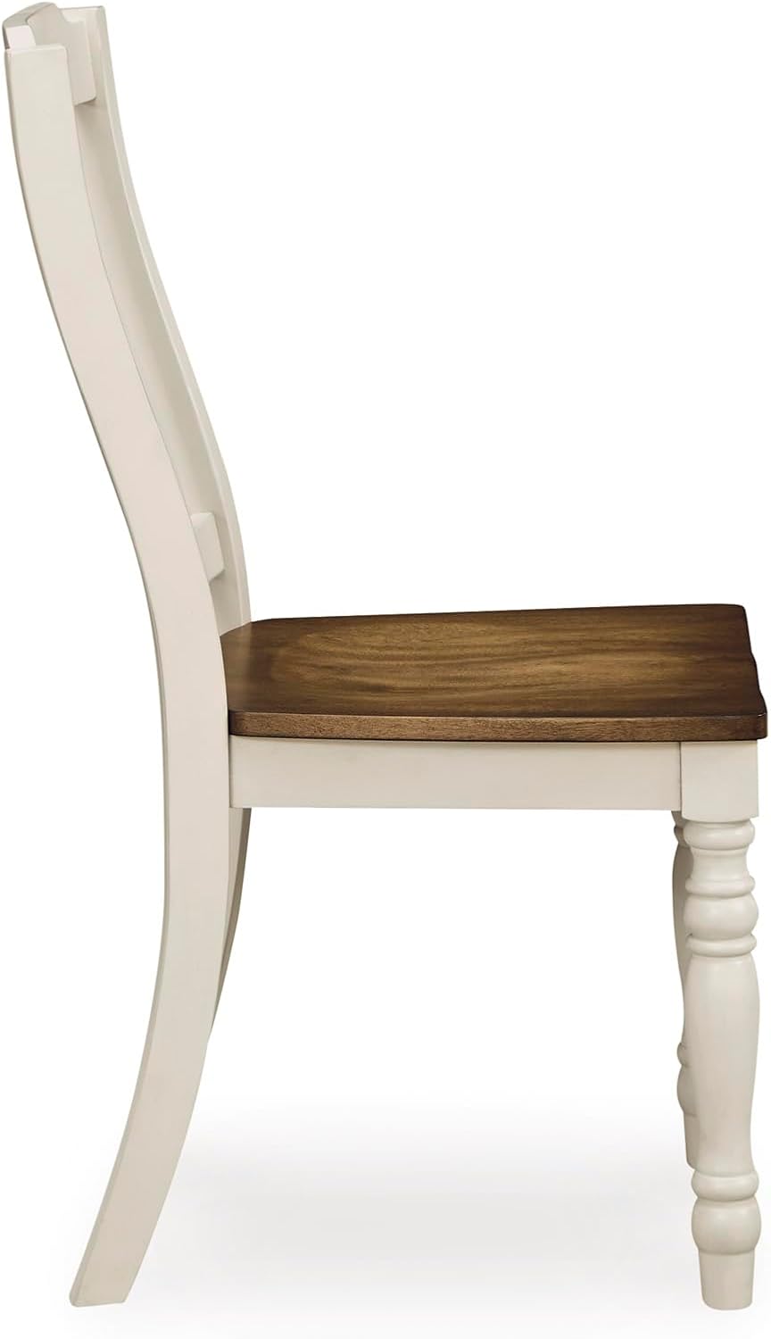 Set of 2 Two-Tone Farmhouse Dining Chairs, Solid Wood Slat Back Side Chairs with Contoured Seat, Antique White & Brown Kitchen Chairs with Adjustable Levelers