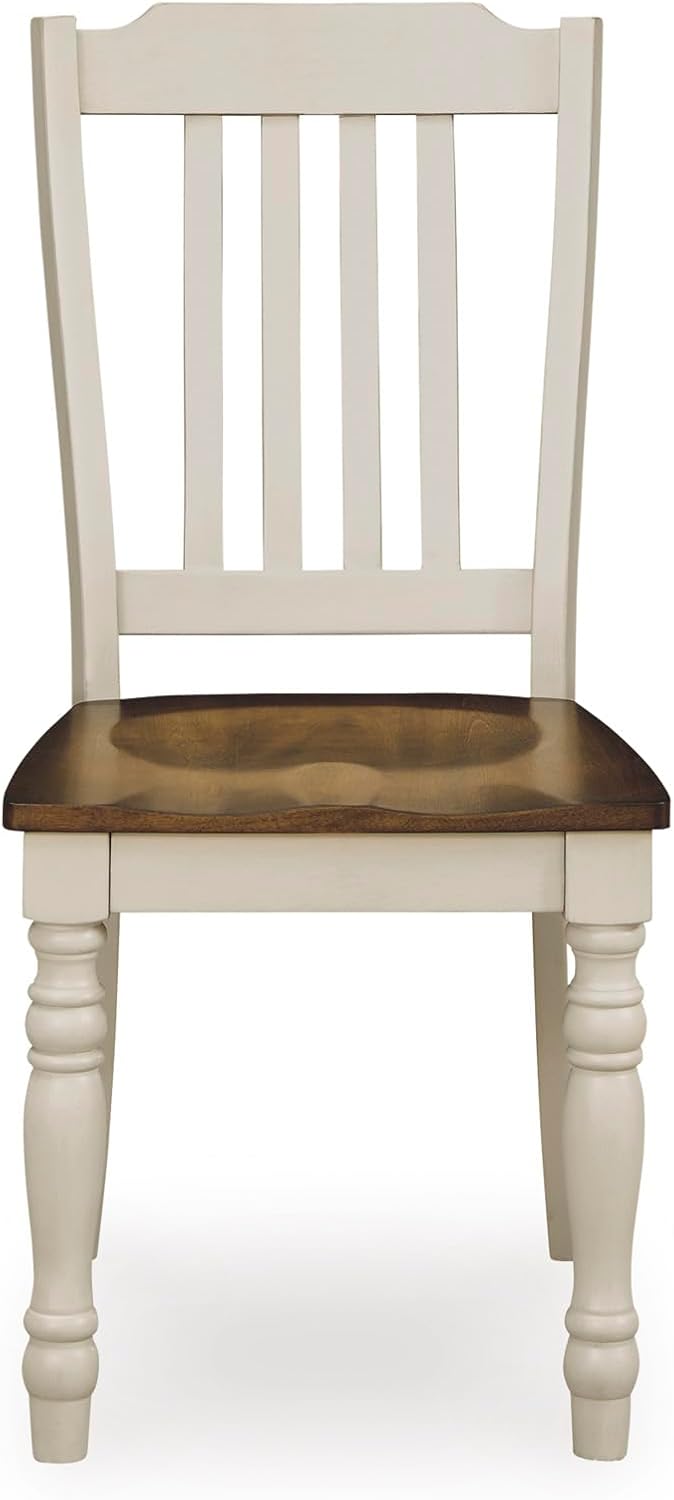 Set of 2 Two-Tone Farmhouse Dining Chairs, Solid Wood Slat Back Side Chairs with Contoured Seat, Antique White & Brown Kitchen Chairs with Adjustable Levelers