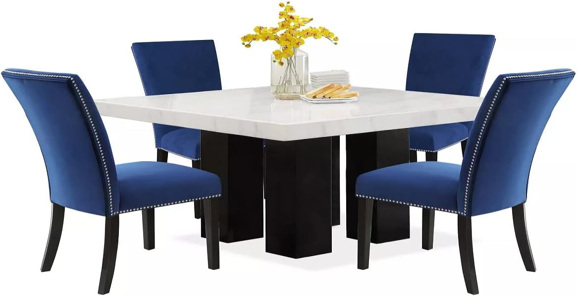 5-Piece Faux Marble and Wooden Dining Table and Nail Head Trim Dining Chairs, Dining Sets for 4 (Blue)