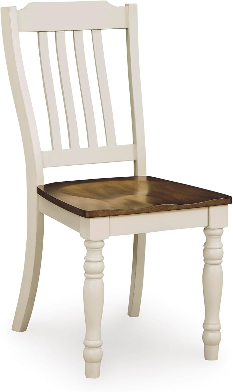 Set of 2 Two-Tone Farmhouse Dining Chairs, Solid Wood Slat Back Side Chairs with Contoured Seat, Antique White & Brown Kitchen Chairs with Adjustable Levelers