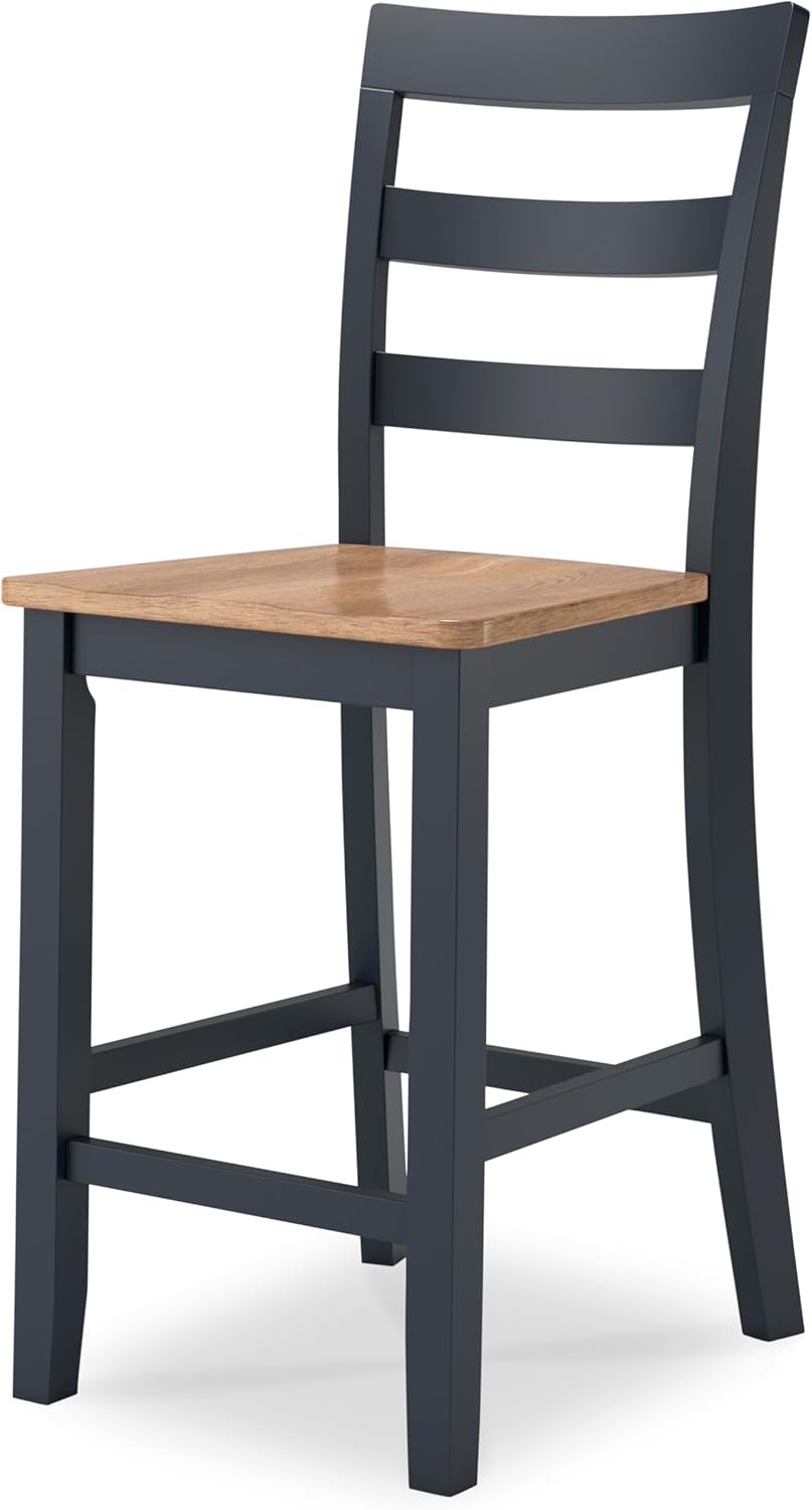 Set of 2 Counter Height Bar Stools, Solid Wood Ladder Back Barstools with Contoured Seat, Two-Tone Natural Mango Wood & Dark Blue Finish, Farmhouse Kitchen Island Dining Stools