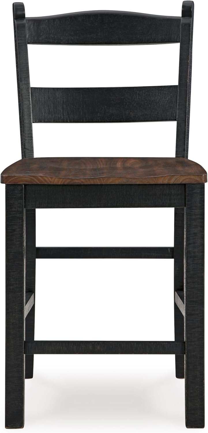 Set of 2 Rustic Cottage Counter Height Bar Stools, Two-Tone Wood Barstool Chairs with Contoured Seat, Distressed Black Frame & Brown Pine Seat, Farmhouse Kitchen Island Seating