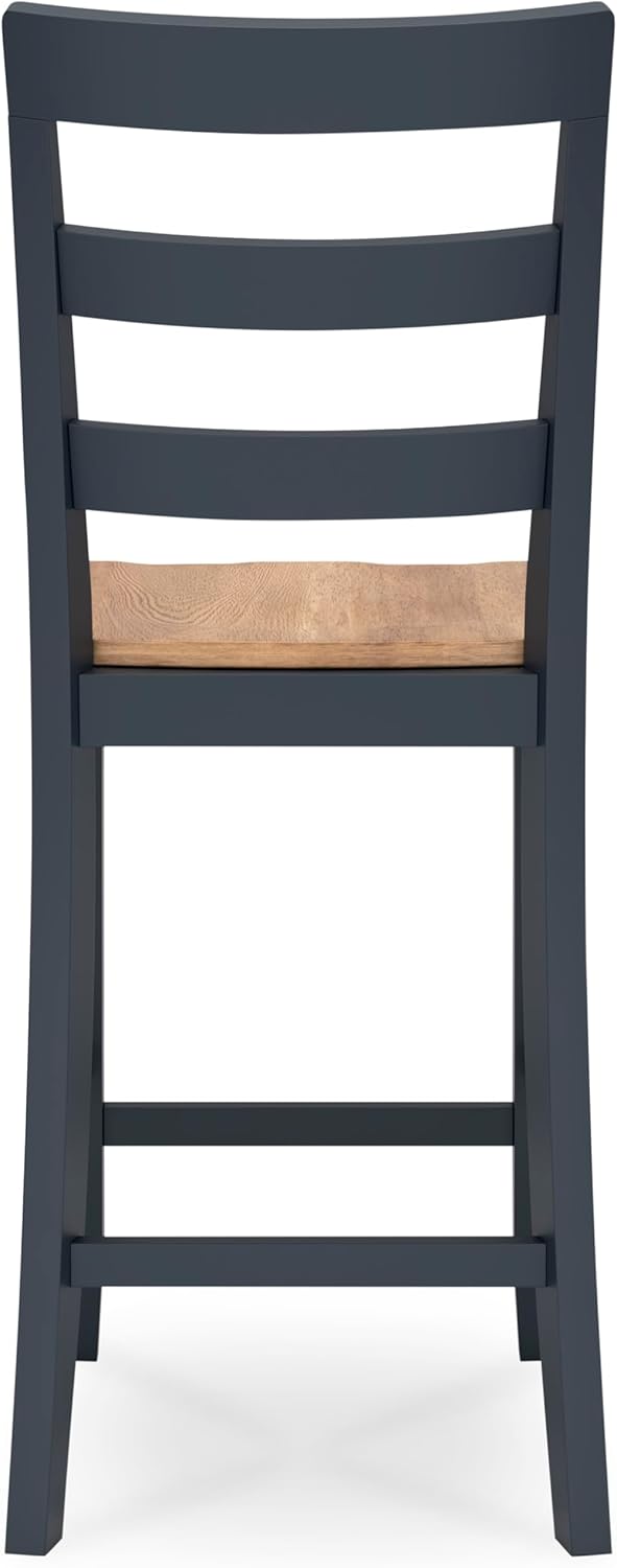 Set of 2 Counter Height Bar Stools, Solid Wood Ladder Back Barstools with Contoured Seat, Two-Tone Natural Mango Wood & Dark Blue Finish, Farmhouse Kitchen Island Dining Stools