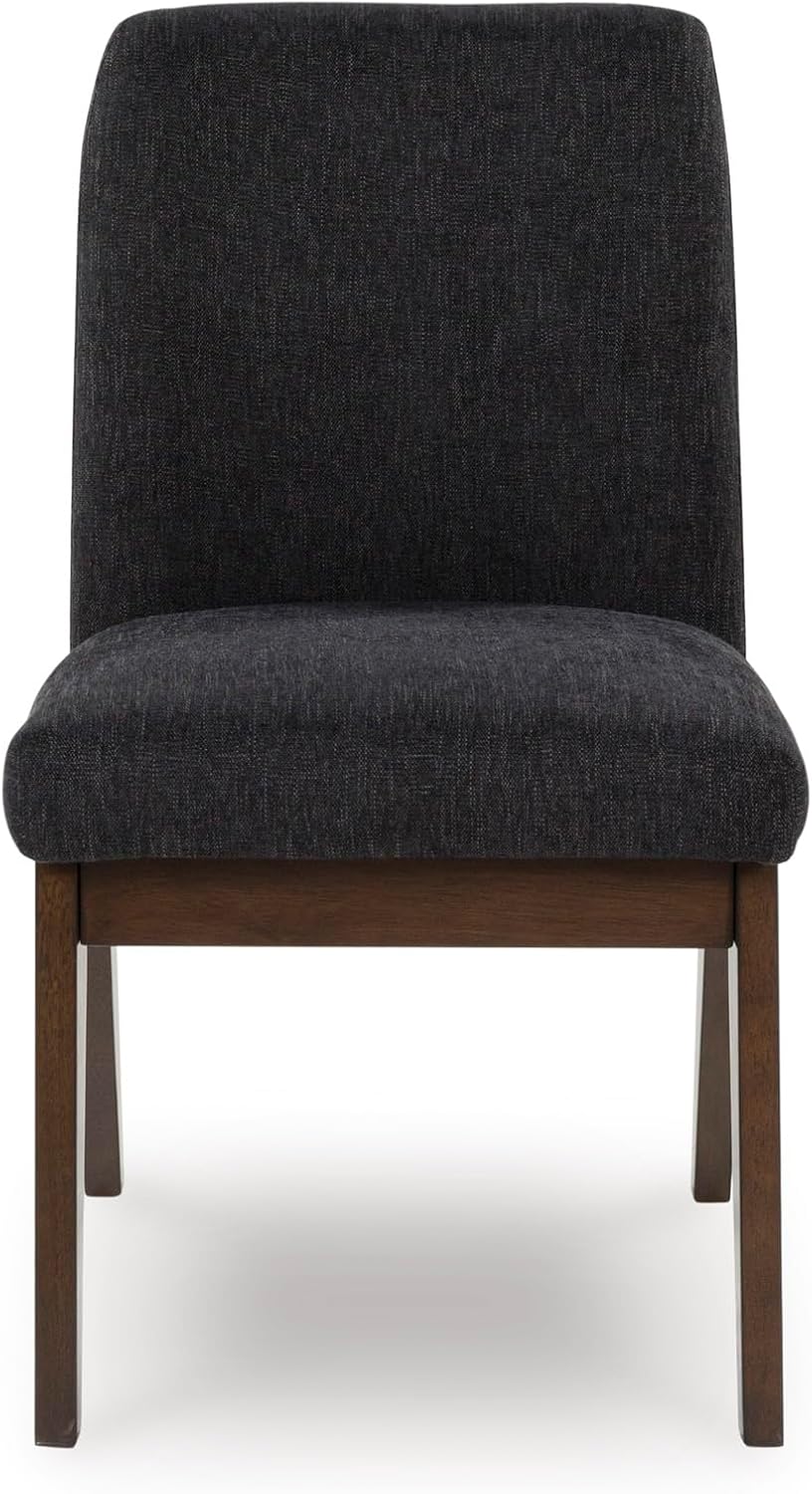 Set of 2 Contemporary Upholstered Bucket Dining Chairs, Warm Brown Wood Finish, Black Textured Chenille Fabric, Mid-Century Modern Dining Room Accent Chairs