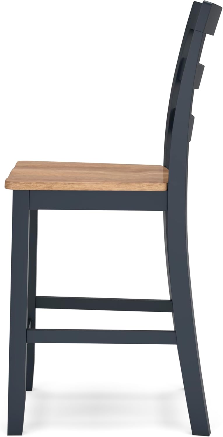 Set of 2 Counter Height Bar Stools, Solid Wood Ladder Back Barstools with Contoured Seat, Two-Tone Natural Mango Wood & Dark Blue Finish, Farmhouse Kitchen Island Dining Stools