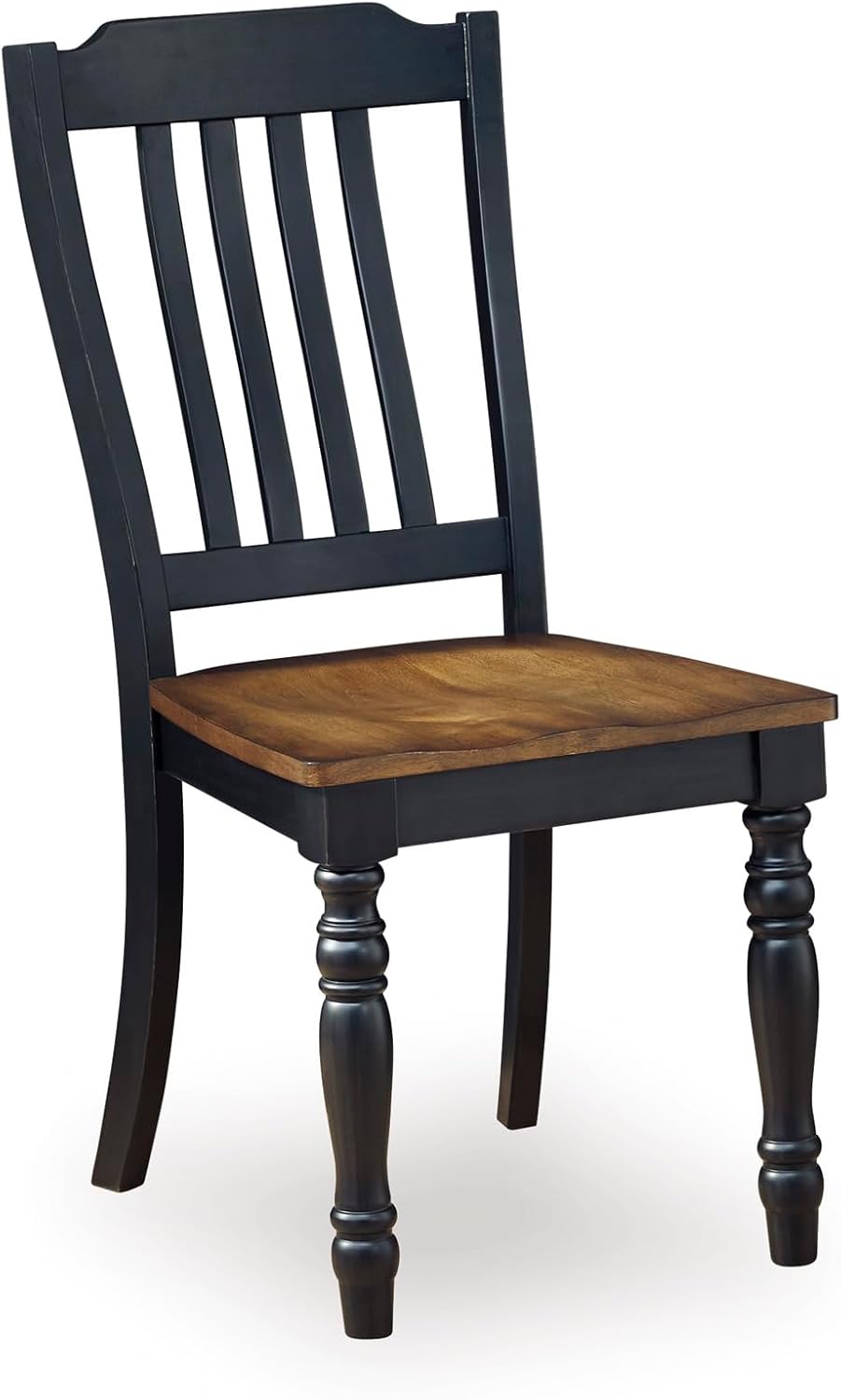 Set of 2 Farmhouse Dining Chairs with Slat Back, Solid Wood Frame, Two-Tone Black & Brown Finish, Contoured Seat, Adjustable Levelers, Country Style Kitchen & Dining Room Chairs