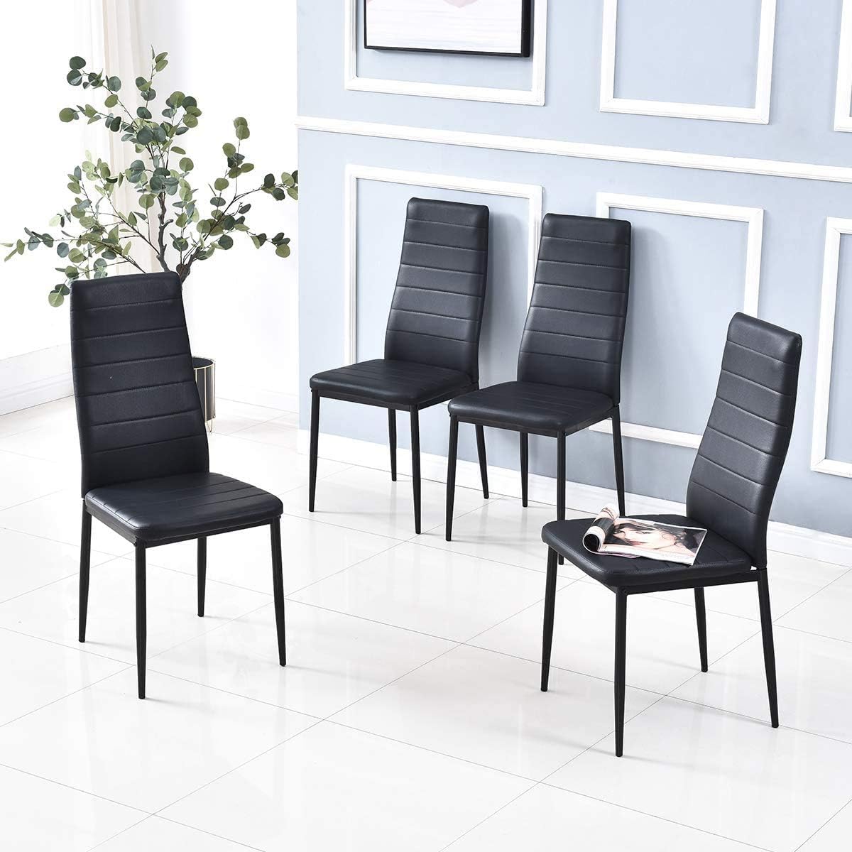 Dining Chairs Set of 4, Metal Legs PU Leather High Back Dining Chair, Padded Upholstered Seat Kitchen Contemporary Chair Metal Chairs (Set of 4) (Black PU Leather Metal Legs)