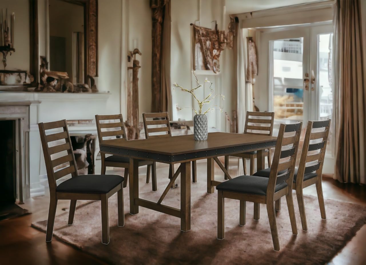 7-Piece Dining Table Set, Dining Set for 6 with Nail Head Trim Edge in Brown/Grey Finish