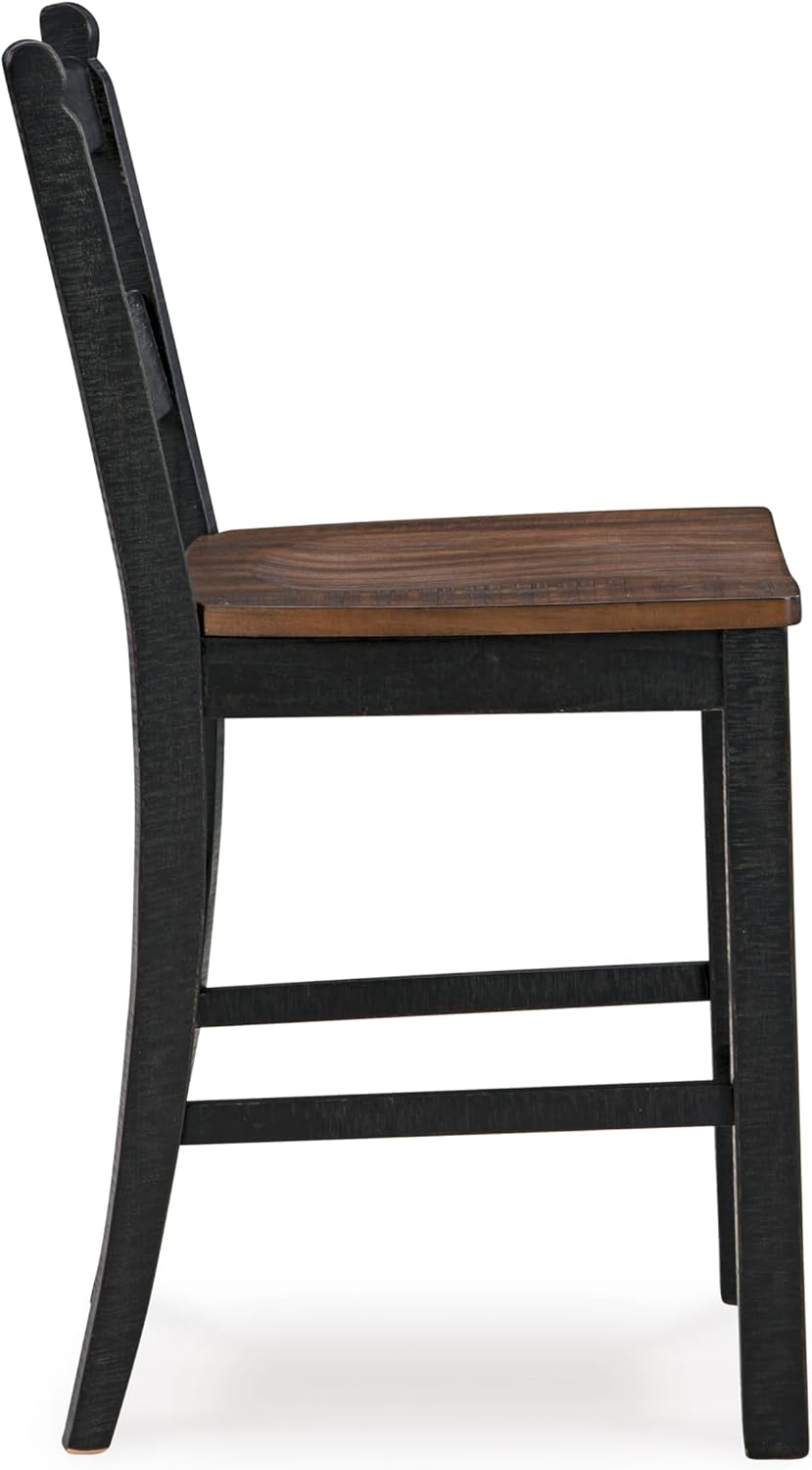Set of 2 Rustic Cottage Counter Height Bar Stools, Two-Tone Wood Barstool Chairs with Contoured Seat, Distressed Black Frame & Brown Pine Seat, Farmhouse Kitchen Island Seating