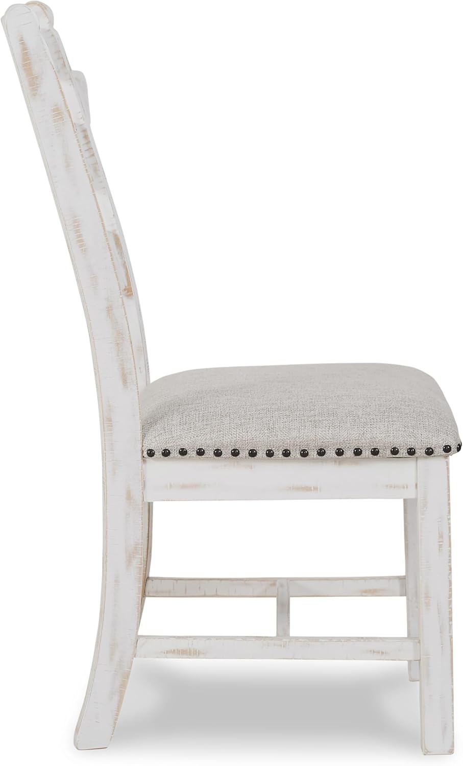 Set of 2 Farmhouse Ladderback Dining Chairs, Upholstered Linen Seat, Distressed Vintage White Wood Frame, Nailhead Trim, Rustic Cottage Kitchen & Dining Room Chairs