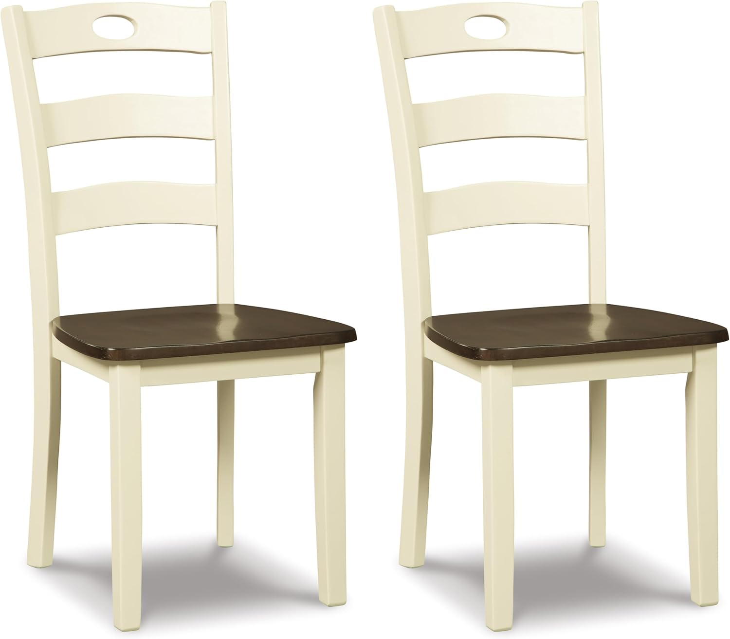 Set of 2 Cottage Farmhouse Dining Chairs, Two-Tone Cream & Brown Wood Side Chairs with Pierced Ladder Back, Contoured Seat Kitchen Dining Room Chairs