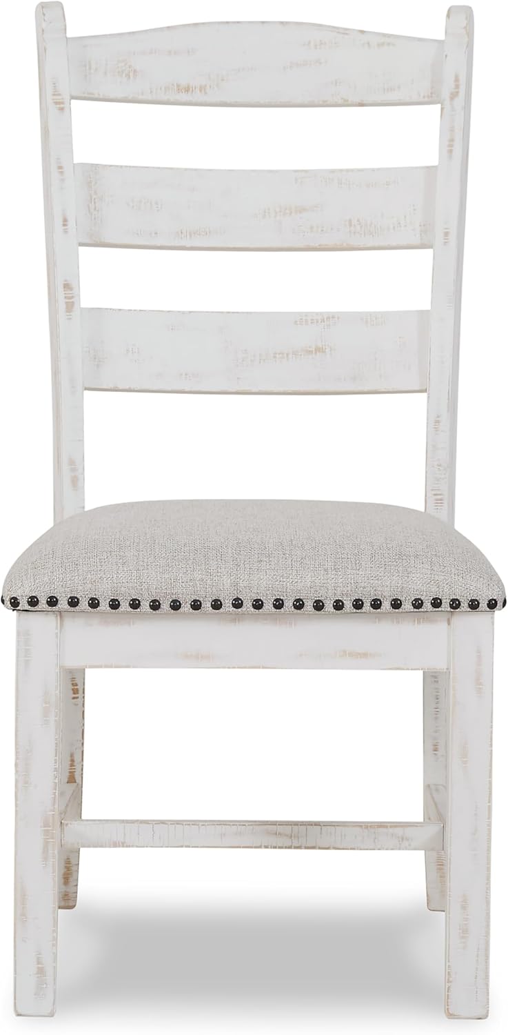 Set of 2 Farmhouse Ladderback Dining Chairs, Upholstered Linen Seat, Distressed Vintage White Wood Frame, Nailhead Trim, Rustic Cottage Kitchen & Dining Room Chairs