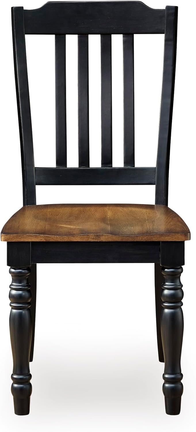 Set of 2 Farmhouse Dining Chairs with Slat Back, Solid Wood Frame, Two-Tone Black & Brown Finish, Contoured Seat, Adjustable Levelers, Country Style Kitchen & Dining Room Chairs