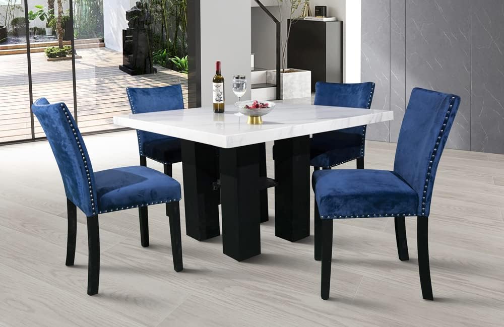 5-Piece Faux Marble and Wooden Dining Table and Nail Head Trim Dining Chairs, Dining Sets for 4 (Blue)