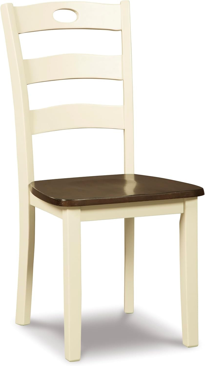 Set of 2 Cottage Farmhouse Dining Chairs, Two-Tone Cream & Brown Wood Side Chairs with Pierced Ladder Back, Contoured Seat Kitchen Dining Room Chairs