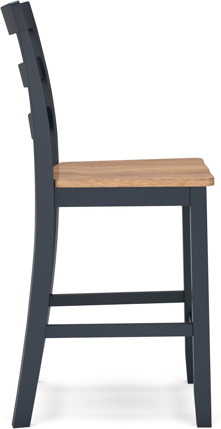 Set of 2 Counter Height Bar Stools, Solid Wood Ladder Back Barstools with Contoured Seat, Two-Tone Natural Mango Wood & Dark Blue Finish, Farmhouse Kitchen Island Dining Stools