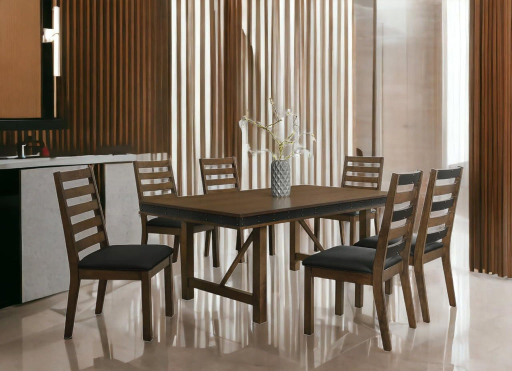 7-Piece Dining Table Set, Dining Set for 6 with Nail Head Trim Edge in Brown/Grey Finish
