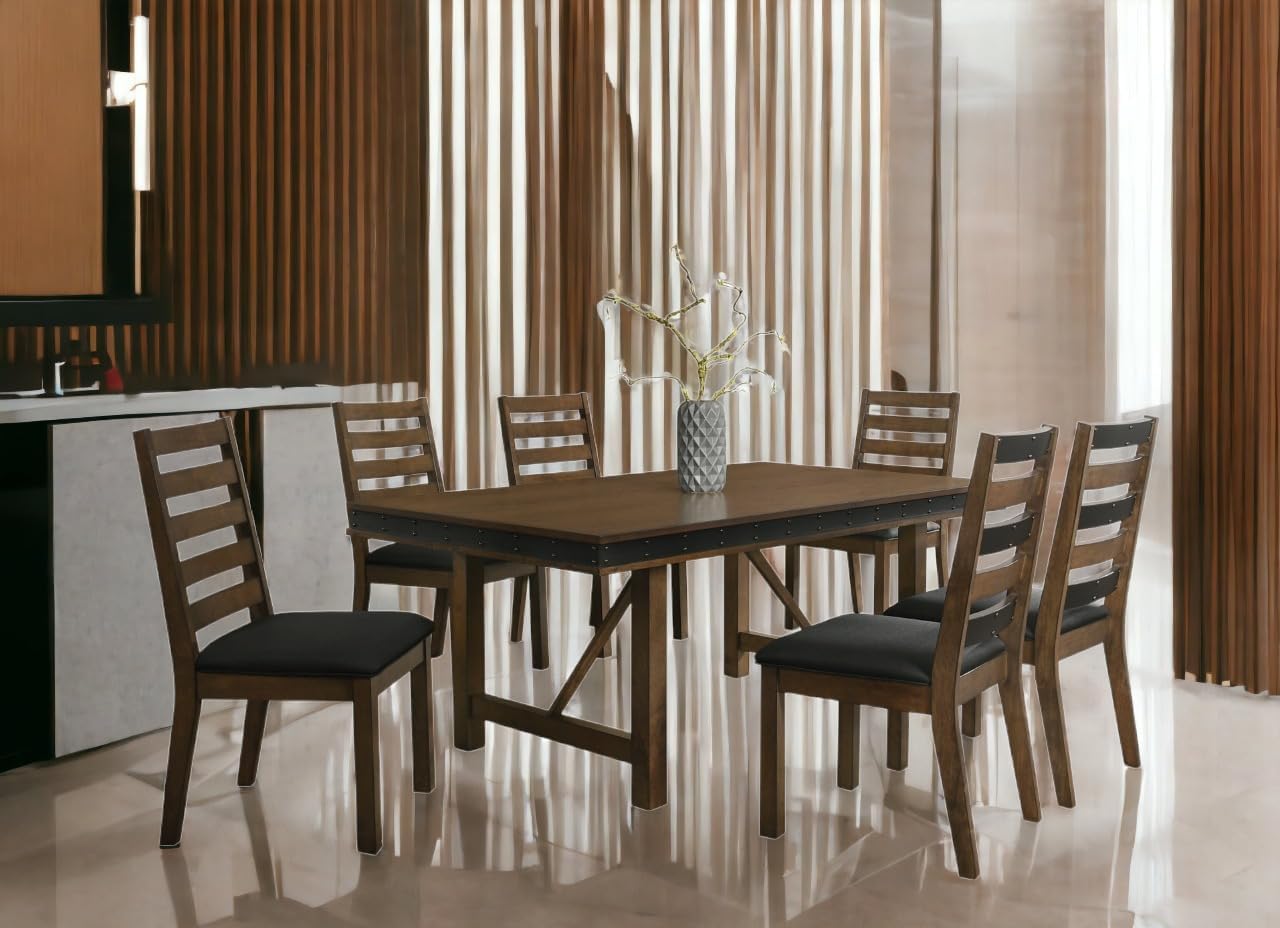 7-Piece Dining Table Set, Dining Set for 6 with Nail Head Trim Edge in Brown/Grey Finish
