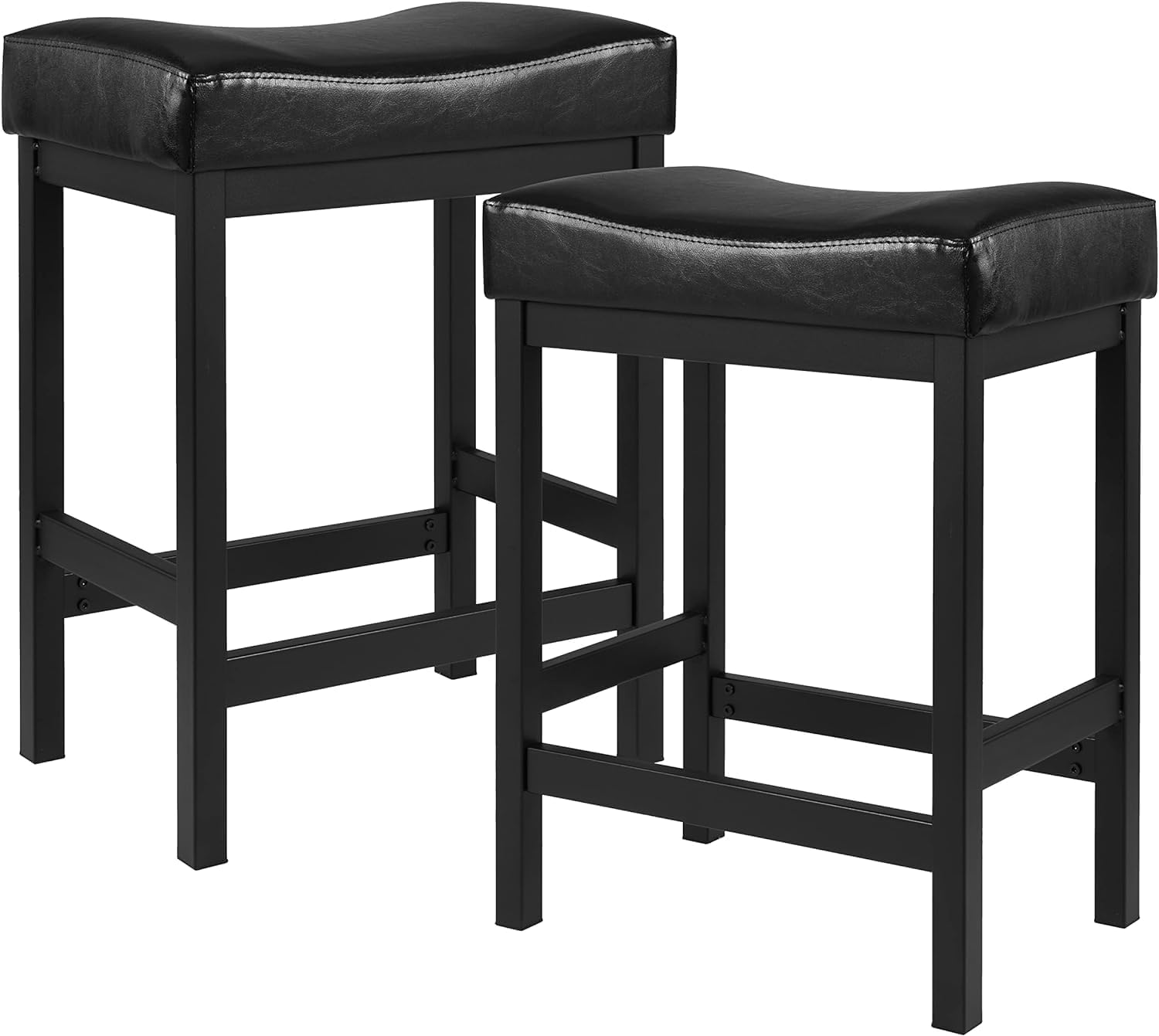 24" Black Bar Stools, Counter Height Stools Set of 2, Faux Leather Kitchen Bar Stools for Island, Backless Bar Stools for Kitchen Counter, Saddle Barstool