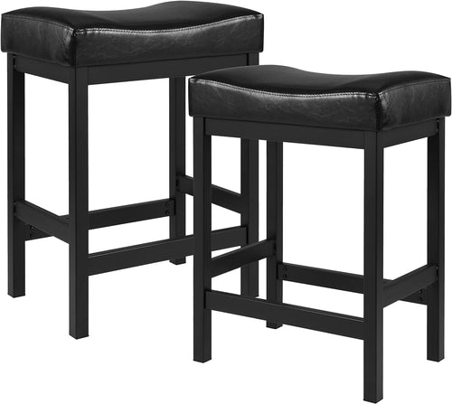 24" Black Bar Stools, Counter Height Stools Set of 2, Faux Leather Kitchen Bar Stools for Island, Backless Bar Stools for Kitchen Counter, Saddle Barstool