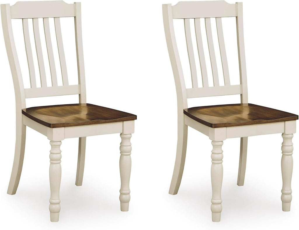Set of 2 Two-Tone Farmhouse Dining Chairs, Solid Wood Slat Back Side Chairs with Contoured Seat, Antique White & Brown Kitchen Chairs with Adjustable Levelers