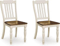 Set of 2 Two-Tone Farmhouse Dining Chairs, Solid Wood Slat Back Side Chairs with Contoured Seat, Antique White & Brown Kitchen Chairs with Adjustable Levelers