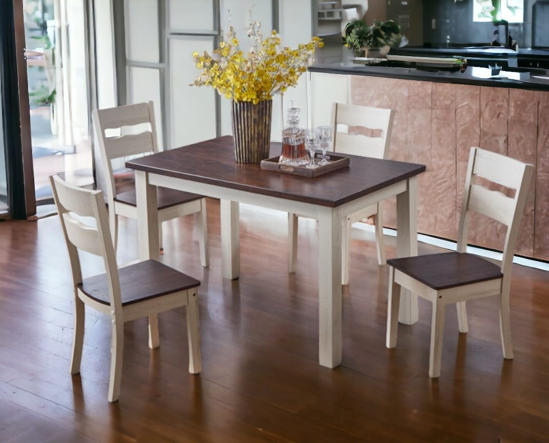 Wood Farmhouse Dining Chairs, Set of 4 Dining Room Chairs with Solid Rubber Wood Legs, Two Tone White/Brown (White/Brown, Set of 4)
