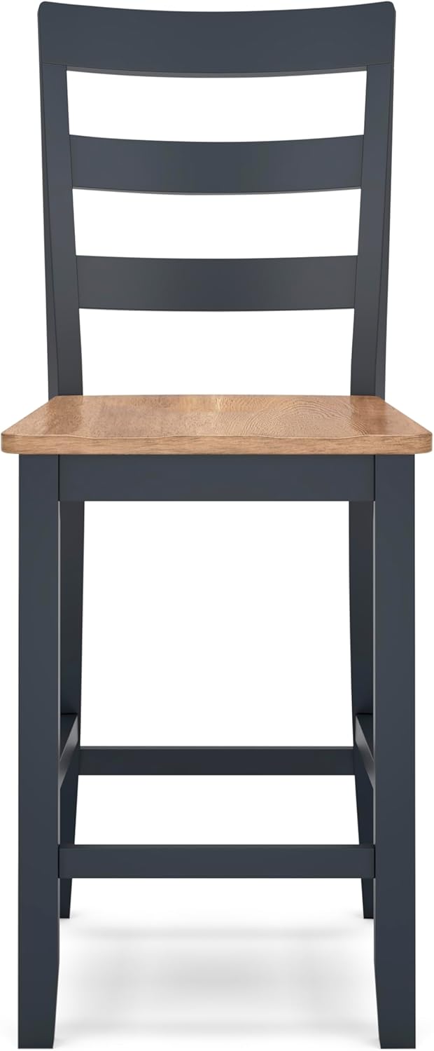 Set of 2 Counter Height Bar Stools, Solid Wood Ladder Back Barstools with Contoured Seat, Two-Tone Natural Mango Wood & Dark Blue Finish, Farmhouse Kitchen Island Dining Stools