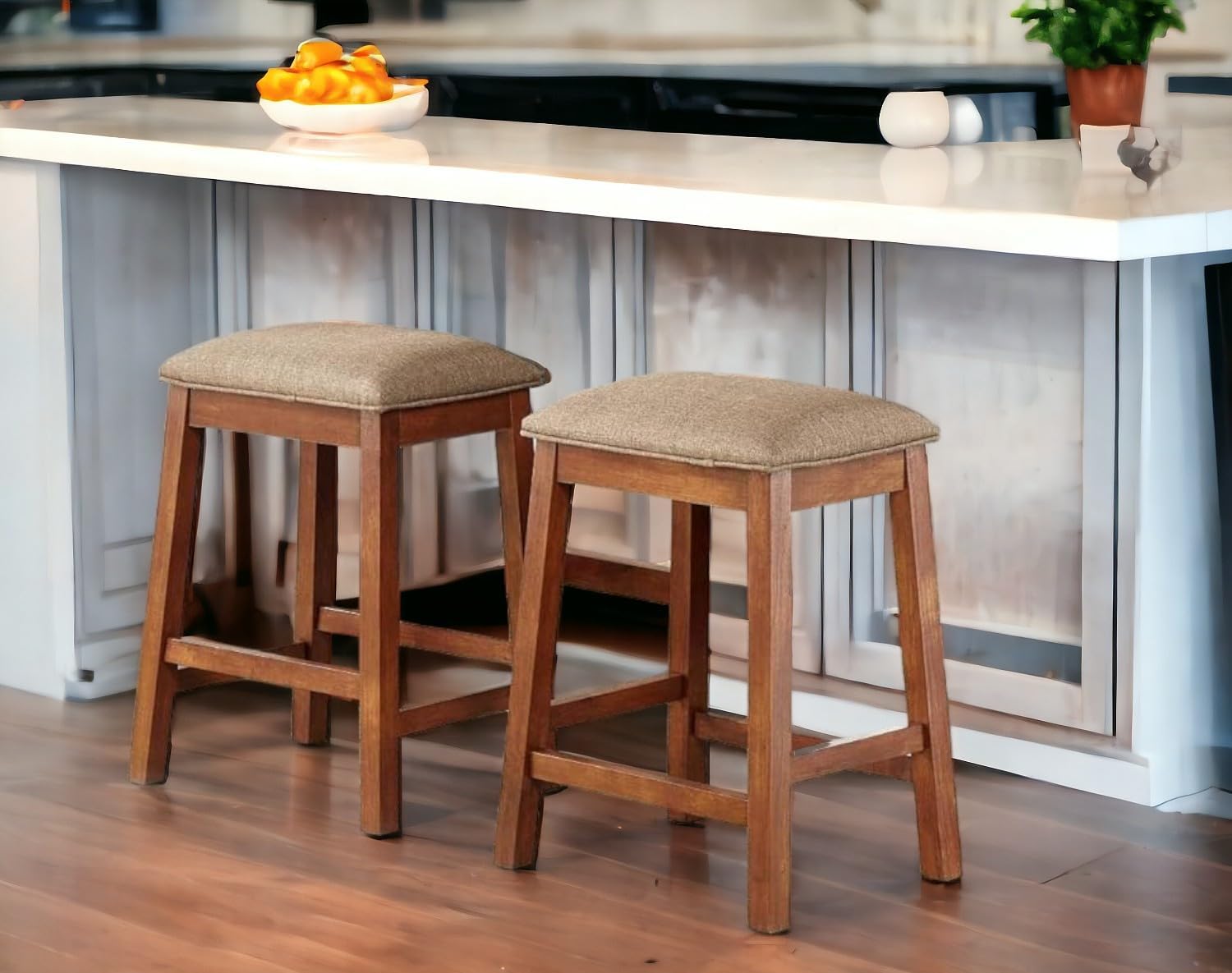 Backless Counter Stool Set of 2, Counter Height Stools 24 Inch Upholstered Bar Stools for Kitchen Counter (Brown)