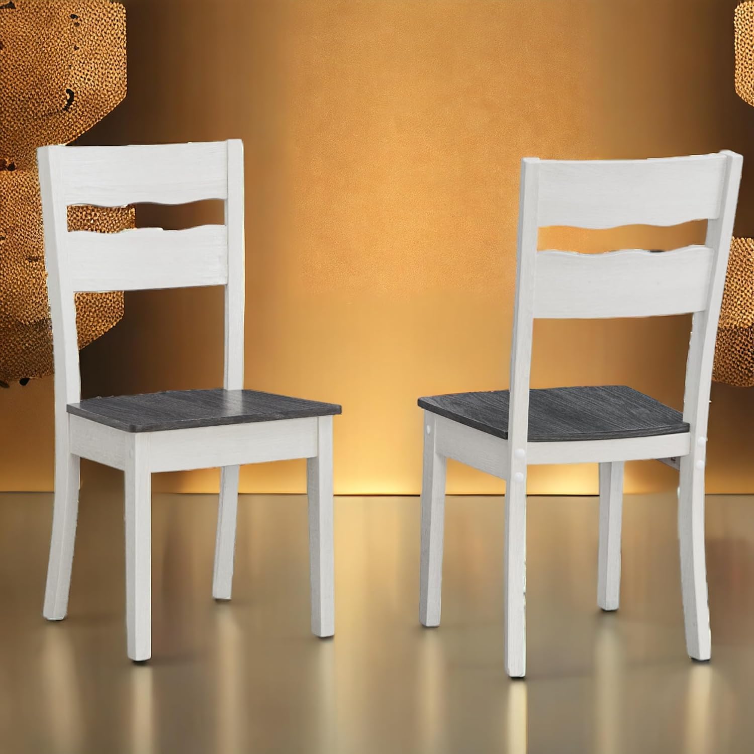 Wood Farmhouse Dining Chairs, Set of 8 Dining Room Chairs with Solid Rubber Wood Legs, Two Tone White/Grey (White/Brown, Set of 8)
