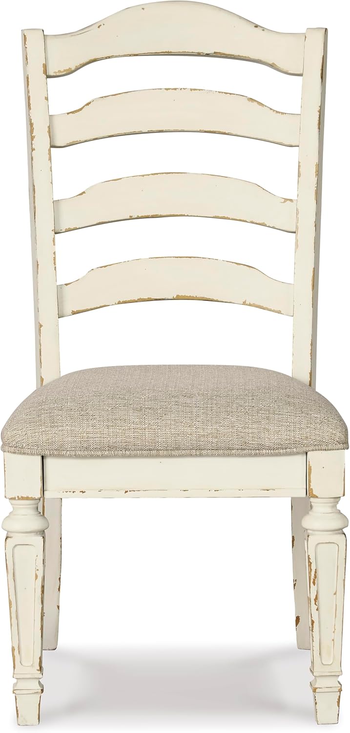 Set of 2 French Country Ladderback Dining Chairs, Distressed White Wood Finish, Upholstered Cushioned Seat, Farmhouse Cottage Kitchen Chairs