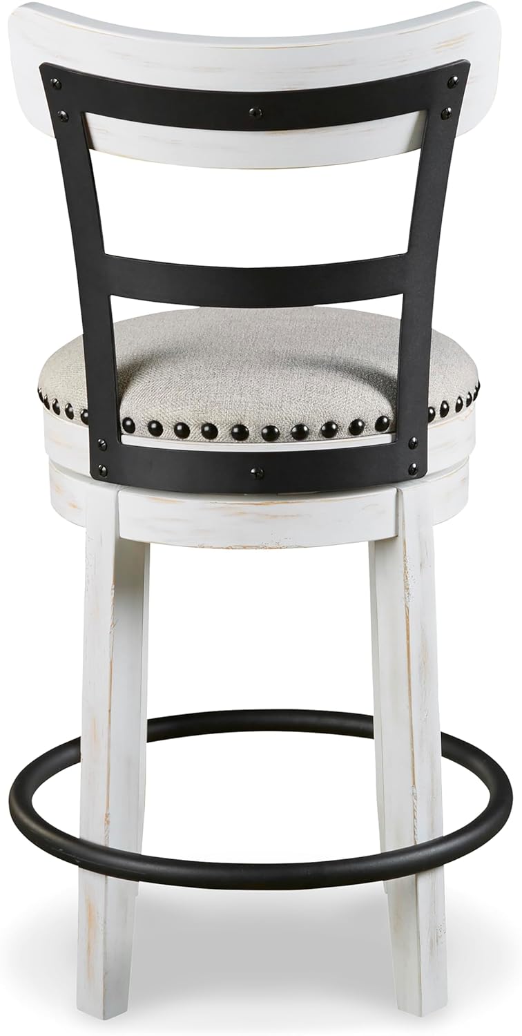 Counter Height Rustic Farmhouse Swivel Bar Stool with Upholstered Linen Seat, Vintage White Wood & Black Metal Frame, Nailhead Trim, 360-Degree Swivel Kitchen Stool