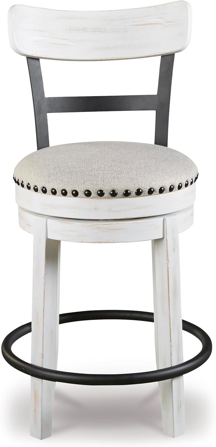 Counter Height Rustic Farmhouse Swivel Bar Stool with Upholstered Linen Seat, Vintage White Wood & Black Metal Frame, Nailhead Trim, 360-Degree Swivel Kitchen Stool