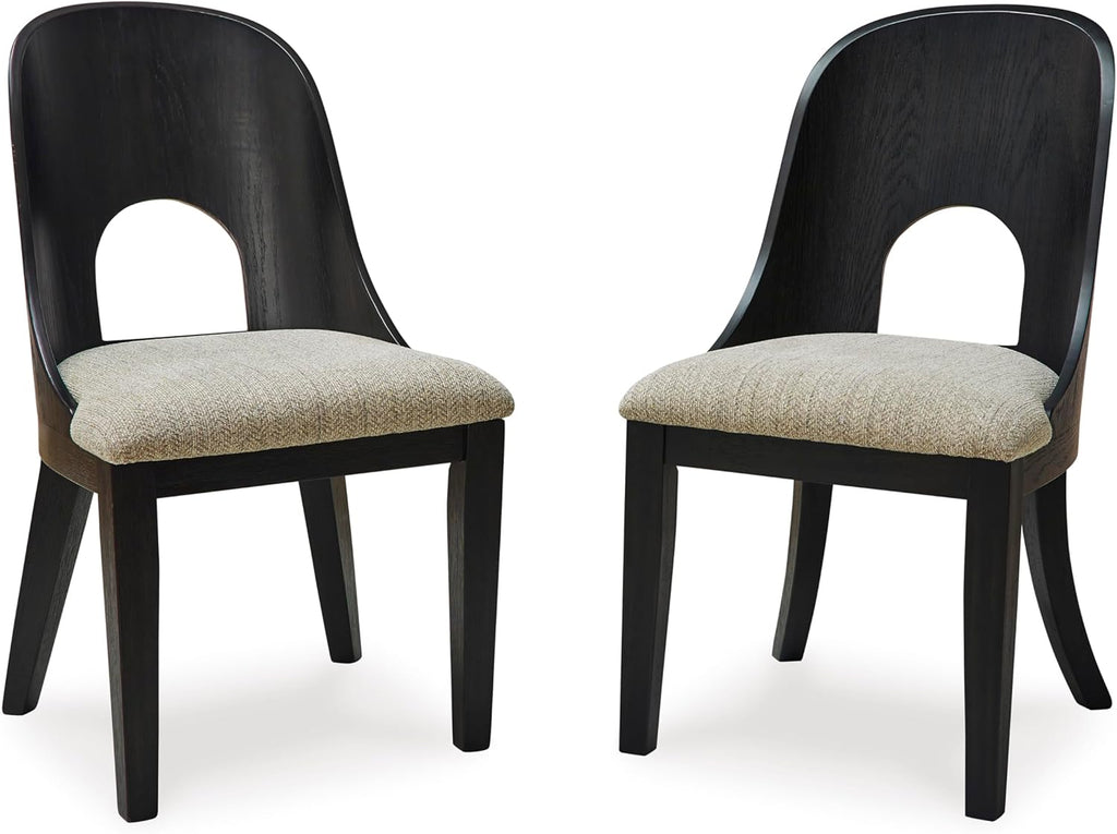 Set of 2 Contemporary Black Dining Chairs, Curved Bent Wood Back, Upholstered Herringbone Fabric Seat, Modern Art Deco Accent Side Chairs for Dining Room Kitchen Living Space