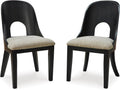 Set of 2 Contemporary Black Dining Chairs, Curved Bent Wood Back, Upholstered Herringbone Fabric Seat, Modern Art Deco Accent Side Chairs for Dining Room Kitchen Living Space