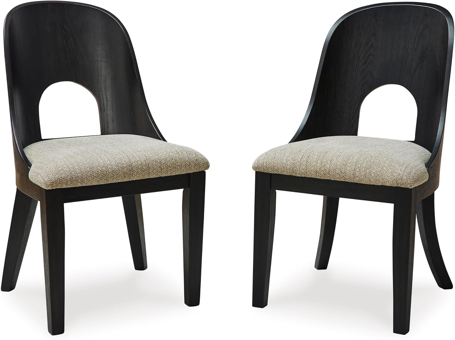 Set of 2 Contemporary Black Dining Chairs, Curved Bent Wood Back, Upholstered Herringbone Fabric Seat, Modern Art Deco Accent Side Chairs for Dining Room Kitchen Living Space