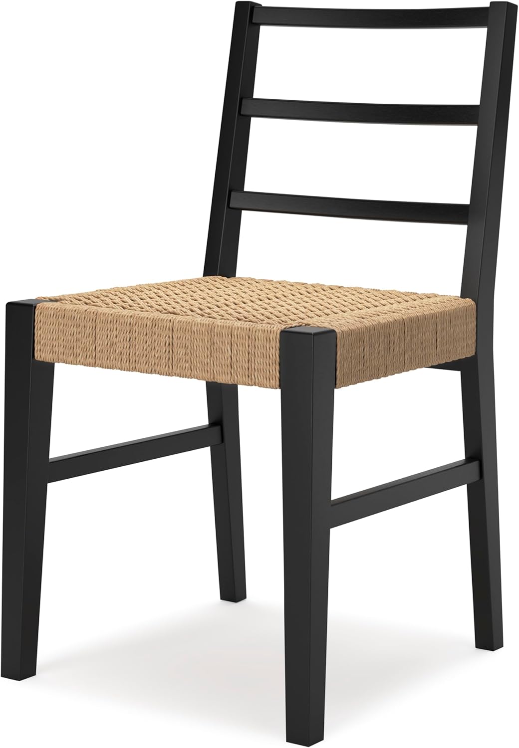 Set of 2 Modern Dining Chairs, Solid Wood Frame with Matte Black Finish & Woven Rattan Seat, Natural Contemporary Kitchen & Dining Room Side Chairs