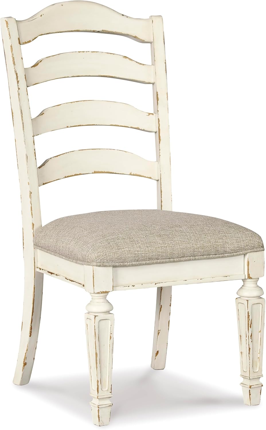 Set of 2 French Country Ladderback Dining Chairs, Distressed White Wood Finish, Upholstered Cushioned Seat, Farmhouse Cottage Kitchen Chairs