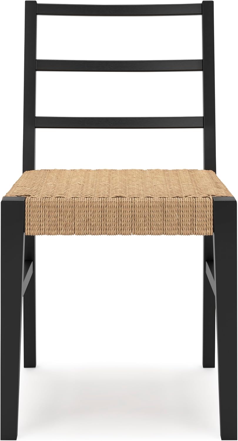 Set of 2 Modern Dining Chairs, Solid Wood Frame with Matte Black Finish & Woven Rattan Seat, Natural Contemporary Kitchen & Dining Room Side Chairs