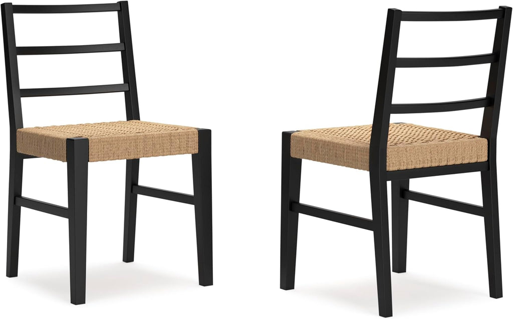 Set of 2 Modern Dining Chairs, Solid Wood Frame with Matte Black Finish & Woven Rattan Seat, Natural Contemporary Kitchen & Dining Room Side Chairs