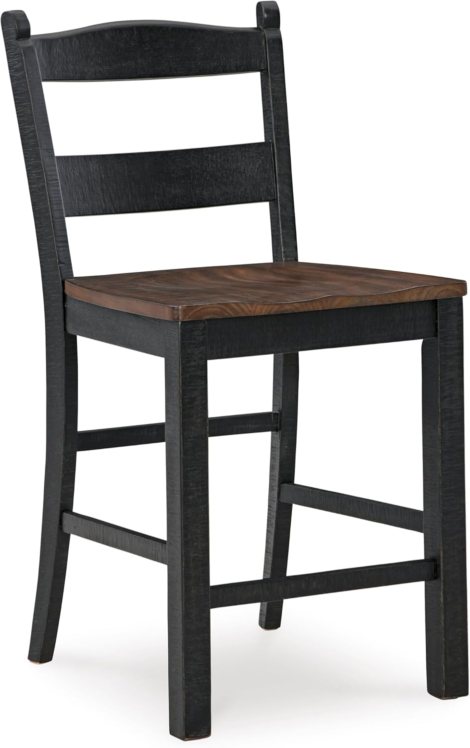Set of 2 Rustic Cottage Counter Height Bar Stools, Two-Tone Wood Barstool Chairs with Contoured Seat, Distressed Black Frame & Brown Pine Seat, Farmhouse Kitchen Island Seating