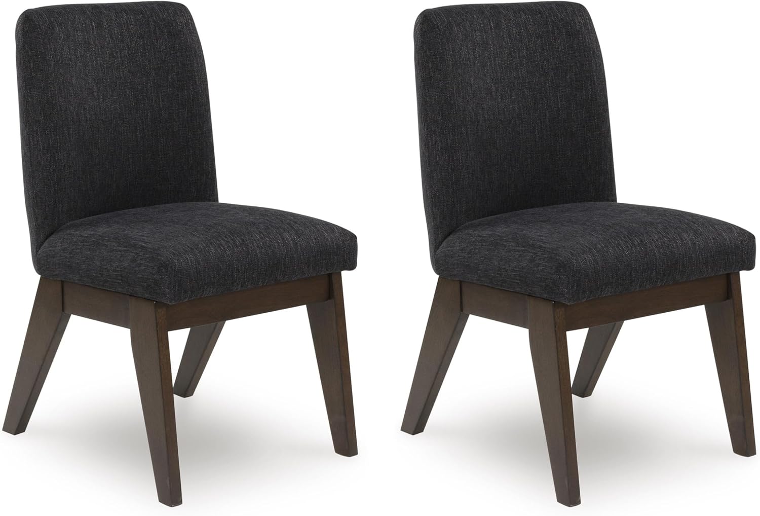 Set of 2 Contemporary Upholstered Bucket Dining Chairs, Warm Brown Wood Finish, Black Textured Chenille Fabric, Mid-Century Modern Dining Room Accent Chairs