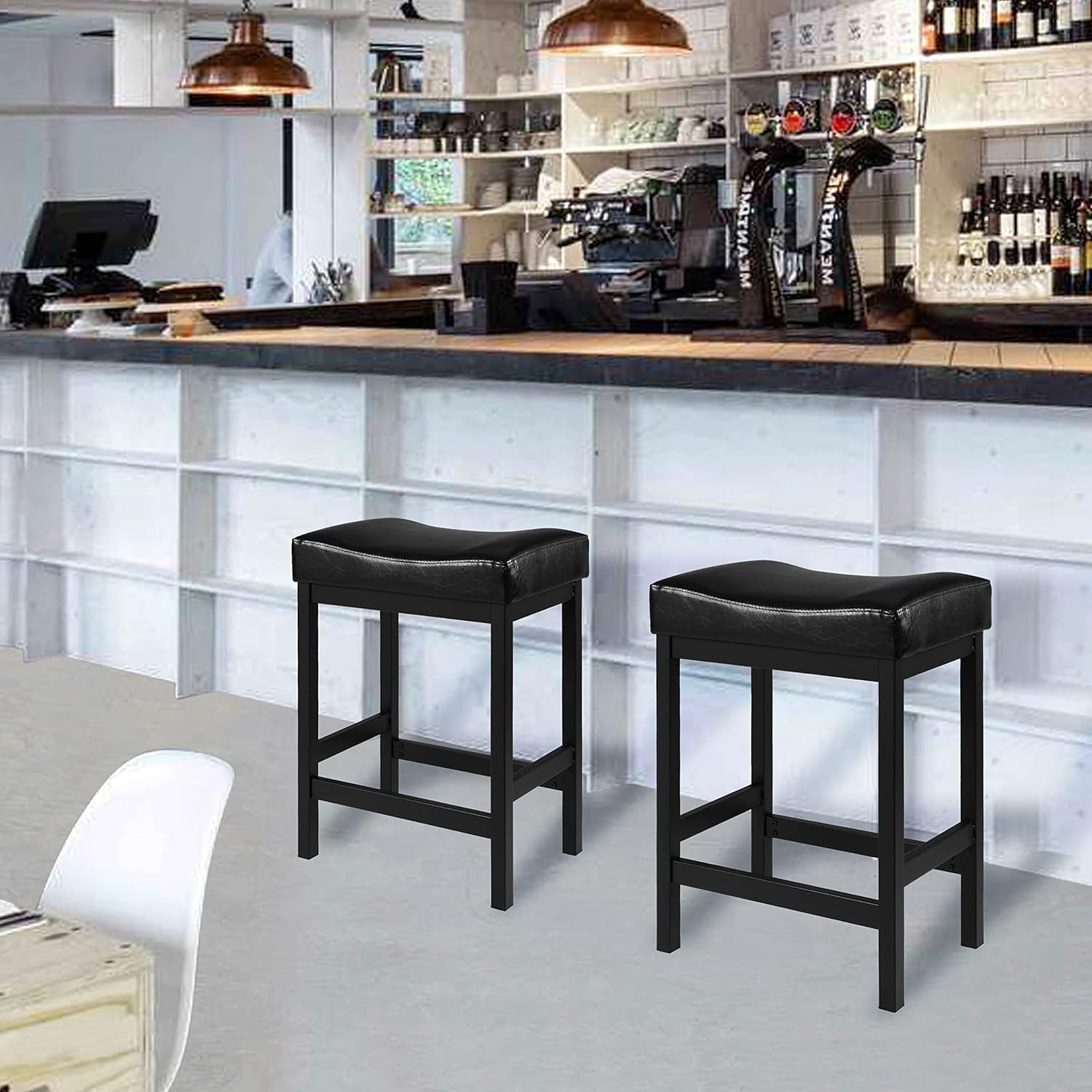 24" Black Bar Stools, Counter Height Stools Set of 2, Faux Leather Kitchen Bar Stools for Island, Backless Bar Stools for Kitchen Counter, Saddle Barstool