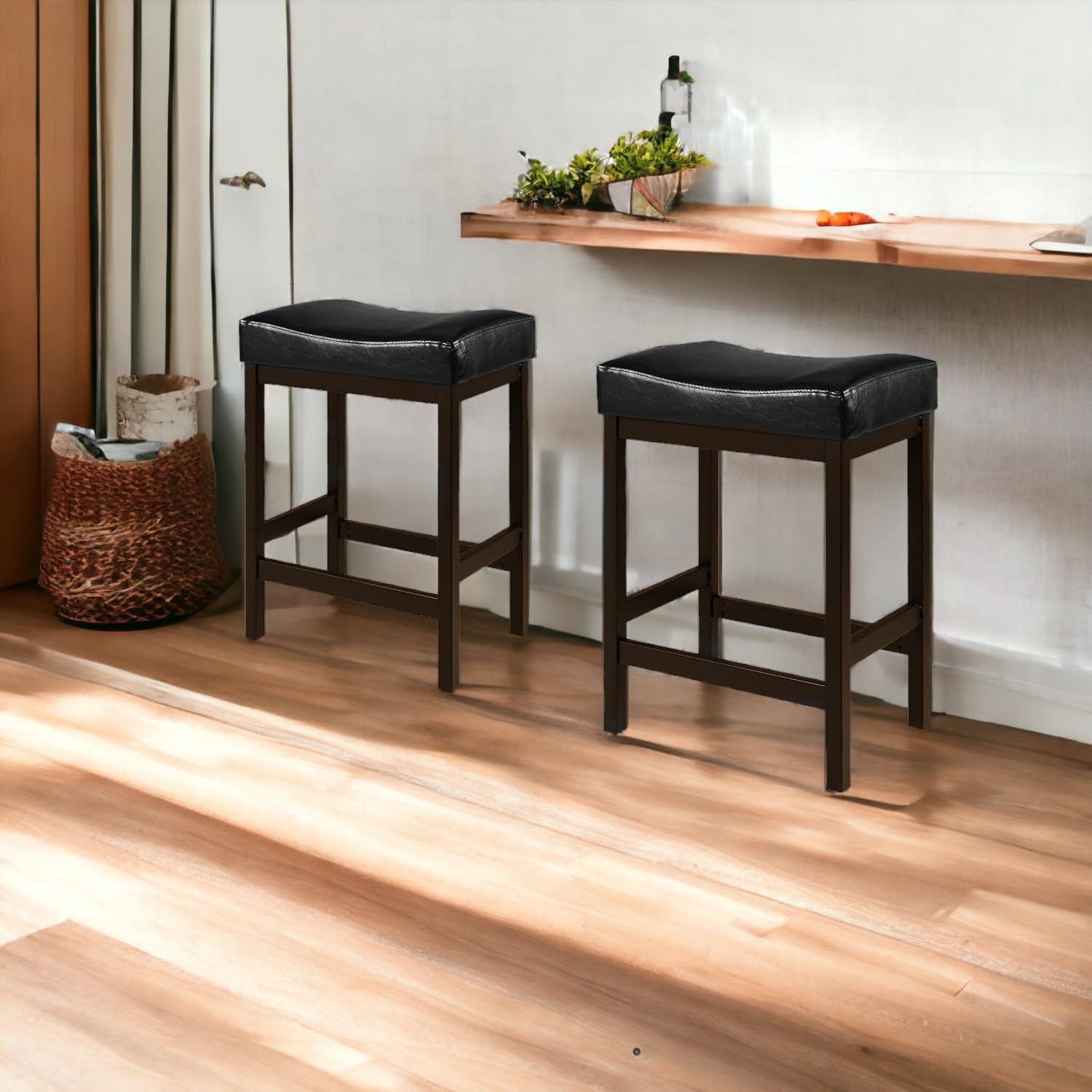 24" Black Bar Stools, Counter Height Stools Set of 2, Faux Leather Kitchen Bar Stools for Island, Backless Bar Stools for Kitchen Counter, Saddle Barstool