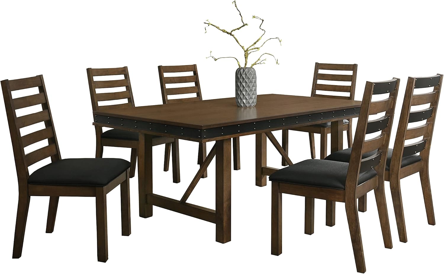7-Piece Dining Table Set, Dining Set for 6 with Nail Head Trim Edge in Brown/Grey Finish