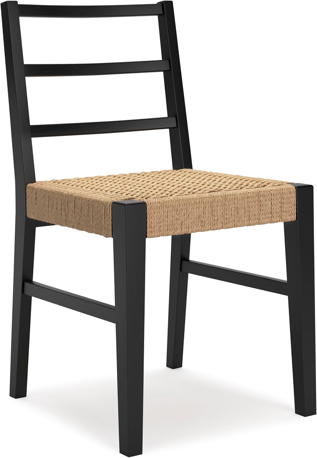 Set of 2 Modern Dining Chairs, Solid Wood Frame with Matte Black Finish & Woven Rattan Seat, Natural Contemporary Kitchen & Dining Room Side Chairs