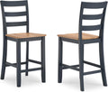 Set of 2 Counter Height Bar Stools, Solid Wood Ladder Back Barstools with Contoured Seat, Two-Tone Natural Mango Wood & Dark Blue Finish, Farmhouse Kitchen Island Dining Stools