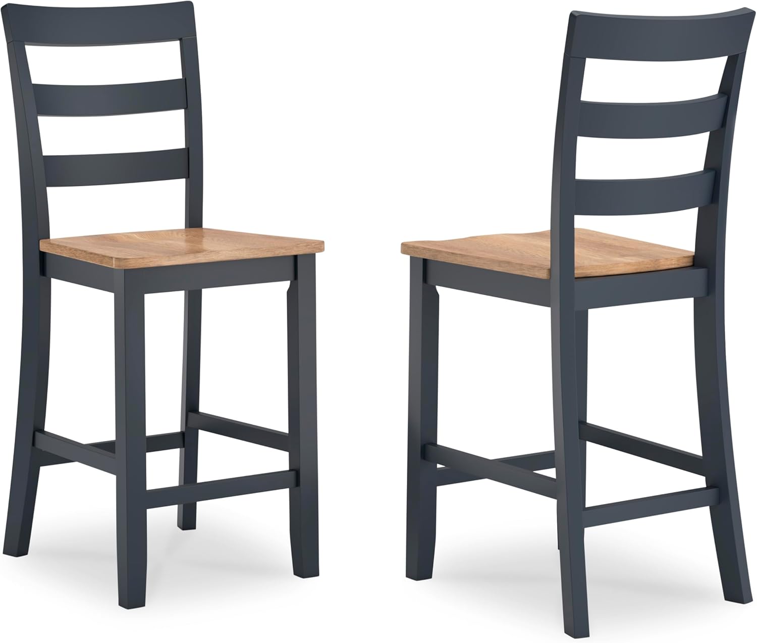 Set of 2 Counter Height Bar Stools, Solid Wood Ladder Back Barstools with Contoured Seat, Two-Tone Natural Mango Wood & Dark Blue Finish, Farmhouse Kitchen Island Dining Stools