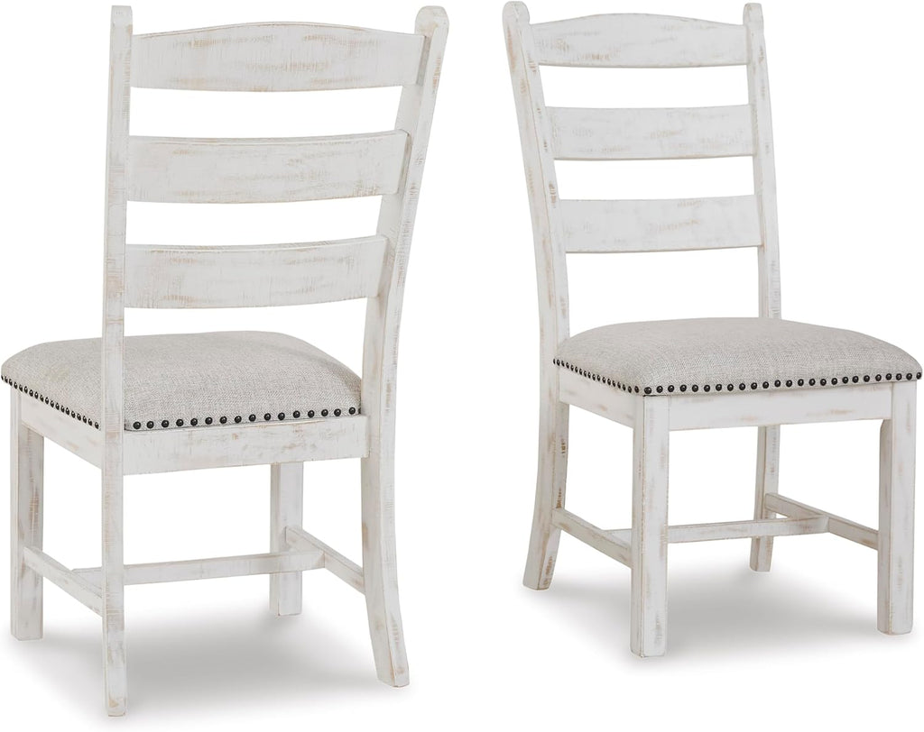 Set of 2 Farmhouse Ladderback Dining Chairs, Upholstered Linen Seat, Distressed Vintage White Wood Frame, Nailhead Trim, Rustic Cottage Kitchen & Dining Room Chairs